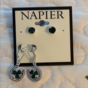 Napier Silvertone and Green Earring Set